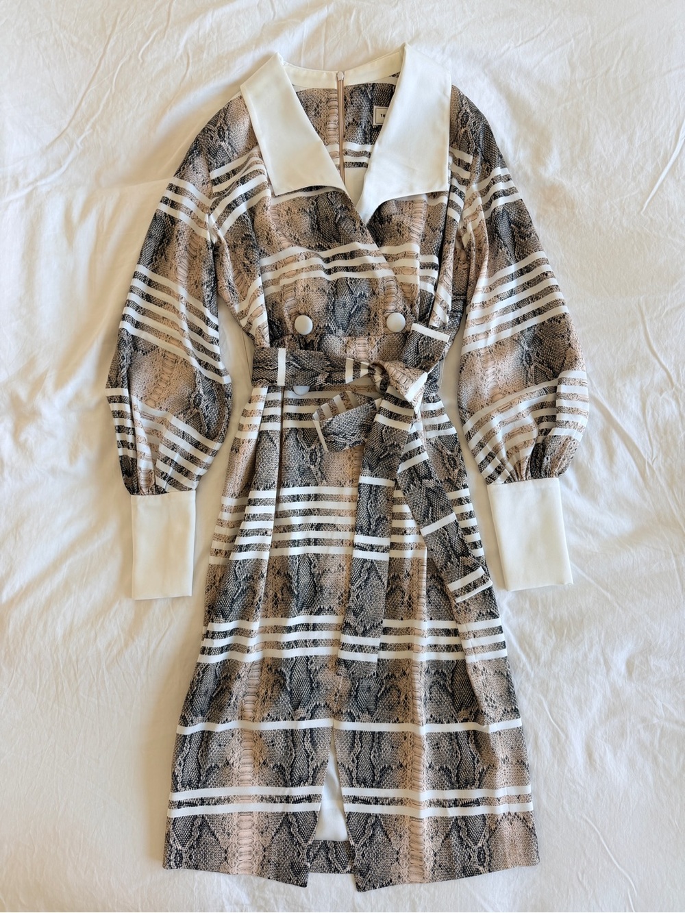 Three Floor Snake-Print Belted Midi Dress in Taupe & White